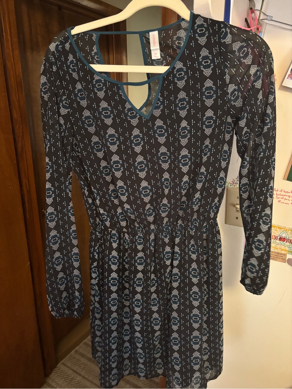 Xhilaration Black and Blue Patterned Long-Sleeve Dress